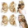 DEEKA 2 PCS 6" Big Hand-made Shiny Glitter Ribbon Hair Bows Alligator Clips Hair Accessories for Little Teen Toddler Girls Kids Set of 2 -Light Gold