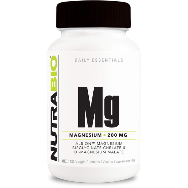NutraBio Reacted Magnesium Supplement - Muscle Relaxation - Bone Formation - 120 Vegetable Capsules, 200mg per Serving