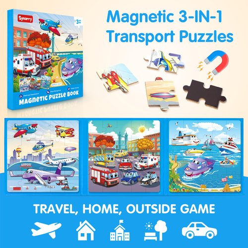 SYNARRY Air Land Water Transport Magnetic Puzzles for Toddlers 2-4, 20 Pieces Travel Puzzles for Kids Ages 4-6, Car Airplane Road Trip Activities Toys for 3 4 5 6 Year Old Boys Girls Birthday Gifts