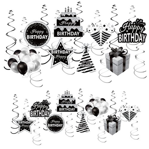16Pcs Black White Silver Birthday Hanging Swirls Decorations for Women Men, Black White Happy Birthday Foil Swirl Party Supplies, 16th 21st 30th 40th 50th 60th Birthday Ceiling Swirl Sign Decor