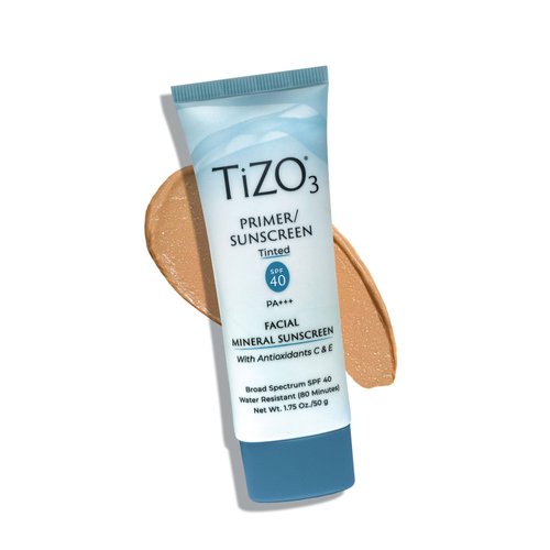 TiZO3 Facial Mineral Sunscreen and Primer, Tinted Broad Spectrum SPF 40 with Antioxidants, Sheer matte finish, Fragrance-Free, Oil-Free, Dermatologist-recommended, PA+++ 1.75 oz