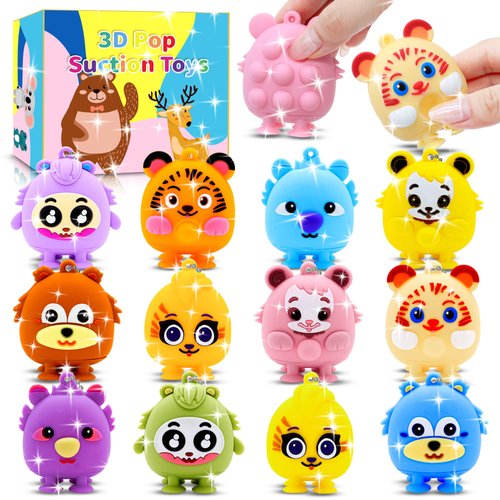 12 Pcs Party Favors for Kids, 3D Animal Pop Fidget Toys Bulk Goodie Bags Stuffers for, Prizes box Toys for Classroom Silicone Bath Suction Toys Birthday Gifts