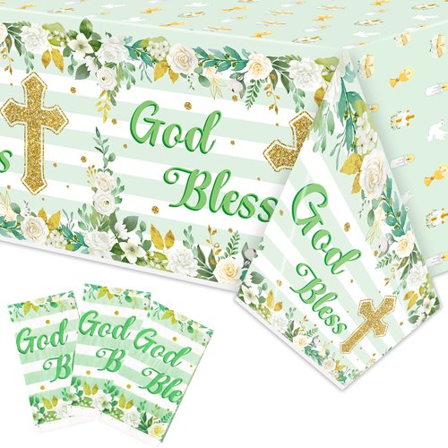 BkeeCten God Bless Baptism Tablecloth - 3-Pack Green Baptism Table Cover Christmas Winter Xmas New Year Party God Bless Cross Religious Waterproof Rectangle First Communion Baby Shower(54x108 Inch)