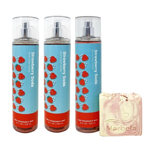 Bath & Body Works Strawberry Soda 3 Pack Fine Fragrance Mist Bundle with a Himalayan Salts Springs Bar Soap - Full Size