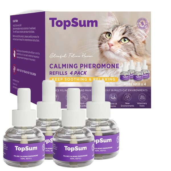 TopSum Cat Calming Diffuser Refills: 4 Pack Cat Pheromones Calming Diffuser Refill - Premium Cat Calming Diffuser Refill - Cat Pheromones for 4-Month Use, Cat Anxiety Relief, 4 Pack (Lavender)