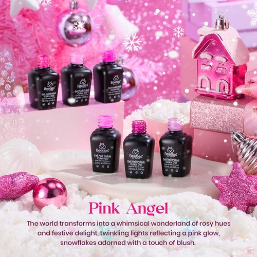 Beetles Pink Gel Nail Polish Set, 6 Colors Hot Pink Glitter Rose Red Gel Polish Kit with Snowflake Gift Set for Girls, Soak off Uv Led Nail Gel DIY Beetles Nails for Gift