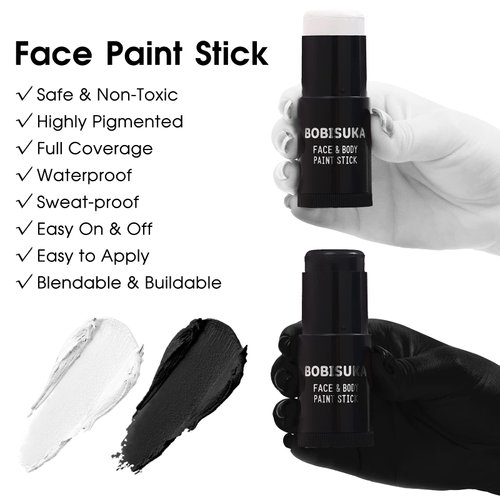 BOBISUKA Black White Face Paint Stick with Setting Powder Set, Eye Black Sticks for Sports, Body Paints for Clown Skeleton Vampire Skull Cosplay Special Effects Costume SFX Halloween Makeup Kit