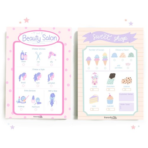 Pretend Play Notepad Set for Kids – Sweet Shop & Beauty Salon Role Play, Makeup Set for Children Accessories, Imaginative Restaurant and Kitchen Menu Playset, Cafe Learning Toys for Toddlers 3-5