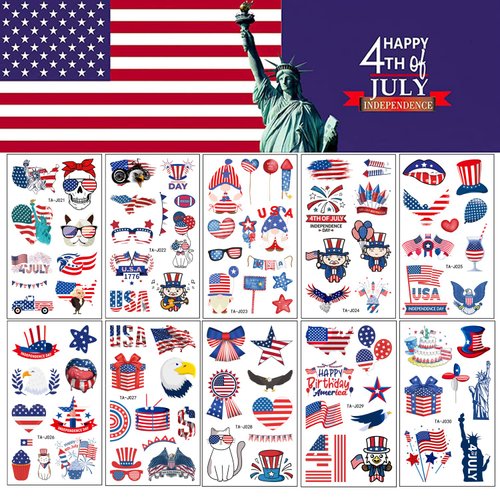 10 Sheets Fourth of July Tattoo Sticker, USA Flag Star Design Temporary Tattoos, Independence Day Patriotic Theme Decorations, Disposable Face Body Paint Art Tattoo Memorial Day Party Decor Supplies