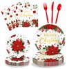 Funrous 150 Pieces Christmas Poinsettia Flower Tableware Merry Christmas Party Supplies Disposable Paper Plates and Napkins Set Christmas Poinsettia Dinnerware for Xmas New Year Holiday Party