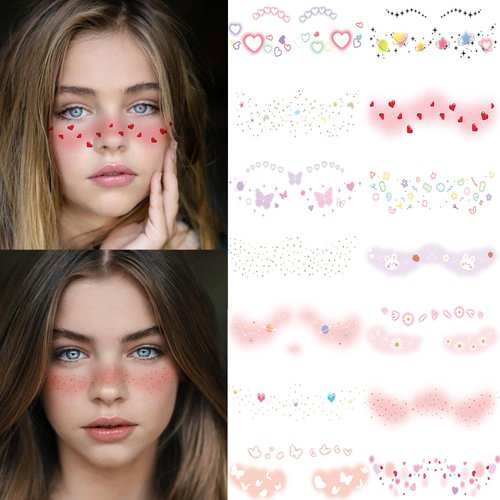 14 Sheets Face Temporary Tattoos Stickers for Girl Women,Glitter Cute Realistic Freckle Butterfly Heart Flower Makeup Waterproof Art Props Decorations Accessories
