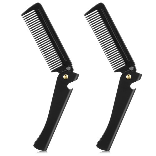 Mini Comb, 2 Pcs Folding Comb with Portable Stainless Steel Handle for Trip Commute Home, Sports Makeup, Pocket Comb with Sturdy Fine Tooth, Travel Comb for Women Men All Hair Type, Silver Black
