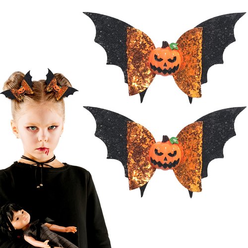 Hair Bows Clips Halloween Hair Clips Day of the Dead Hair Pins Pumpkin Bat Glittering Hairpin Non-Slip Handmade Bow Knot Claw Clips Ponytail Halloween Hair Decor for Women 2PCS