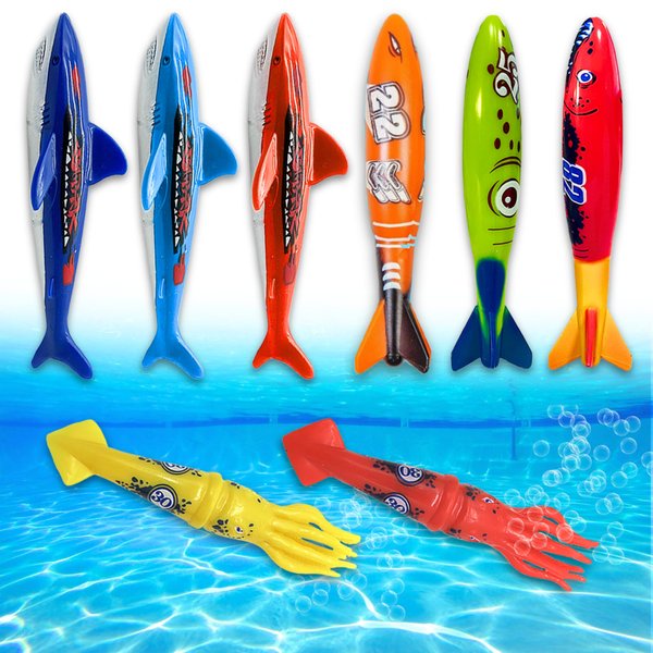 Diving Torpedo Pool Toys: Underwater Sinking Sharks, Squids, and Torpedoes - Kids' Outdoor and Indoor Swimming Activity Toy Set