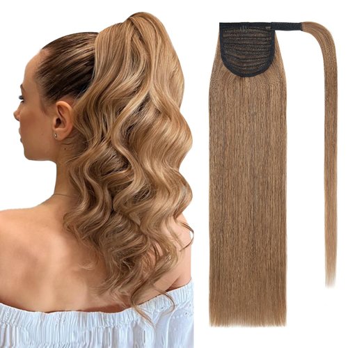 SEGO Pro Ponytail Extensions Human Hair Long Ponytail Hair Extensions with Magic Paste Wrap Around Clip in Ponytail Extensions Real Human Hair,20inch #18P613 Gold Blonde Mixed Bleach Blonde,95g