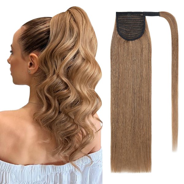 SEGO Pro Ponytail Extensions Human Hair Long Ponytail Hair Extensions with Magic Paste Wrap Around Clip in Ponytail Extensions Real Human Hair,20inch #18P613 Gold Blonde Mixed Bleach Blonde,95g