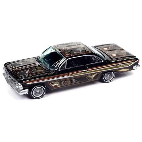 1961 Chevy Impala Lowrider Black with Graphics and Diecast Figure Limited Edition to 3600 Pieces Worldwide 1/64 Diecast Model Car by Johnny Lightning JLCP7456