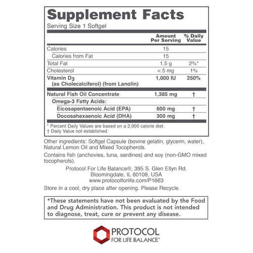Protocol Ultra Omega 3-D - 600mg EPA, 300mg DHA & 1,000 IU Vitamin D3 - Fish Oil for Brain Support, Heart & Nervous System Health* - EPA DHA Omega Supplement - Non-GMO & Halal - 90 Softgels