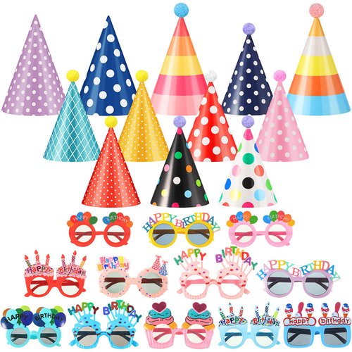 Gersoniel 24 Pcs Birthday Party Hats for Adults Rainbow Colorful Sunglasses Cone Birthday Decorations Supplies (Dot Style)