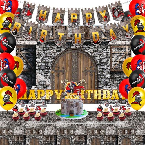 Heidaman Medieval Birthday Party Supplies Tedieval Party Decorations Knights Birthday Decorations Include Medieval Banner Backdrop Tablecloth Ballons Cake Toppers Cup cake Toppers…