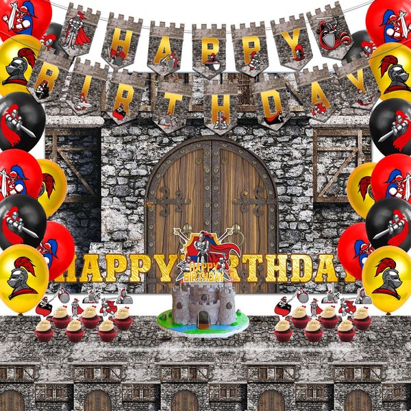 Heidaman Medieval Birthday Party Supplies Tedieval Party Decorations Knights Birthday Decorations Include Medieval Banner Backdrop Tablecloth Ballons Cake Toppers Cup cake Toppers…