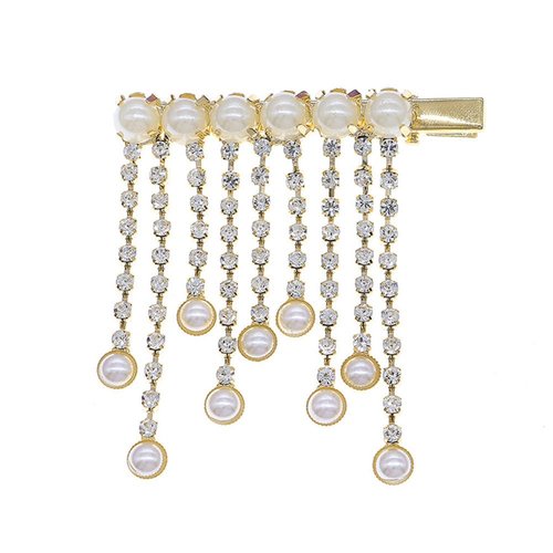 Pearl Hair Clips, White Sparkly Rhinestones Hairpins Tassel Barrettes, Elegant Gold Metal Hairgrip Hair Headwear Wedding Accessories for Women Girls