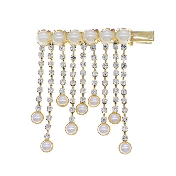 Pearl Hair Clips, White Sparkly Rhinestones Hairpins Tassel Barrettes, Elegant Gold Metal Hairgrip Hair Headwear Wedding Accessories for Women Girls