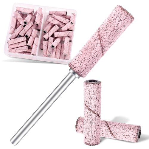 Super Long Small Sanding Band Nail Drill Bits, 50pcs Mini Cuticle Sanding Files with Upgrade 3.1mm Mandrel Bits, 180 Medium Grits for Acrylic Nails Prep Gel Removing Shaping, Manicure Salon Use, Pink