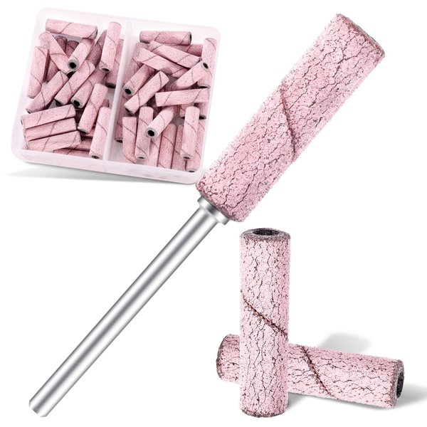 Super Long Small Sanding Band Nail Drill Bits, 50pcs Mini Cuticle Sanding Files with Upgrade 3.1mm Mandrel Bits, 180 Medium Grits for Acrylic Nails Prep Gel Removing Shaping, Manicure Salon Use, Pink