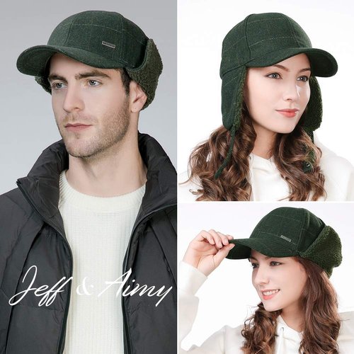 Jeff & Aimy Tweed Wool Mens Winter Hat Womens Baseball Cap with Fleece Ear Flaps Muffs Warm Lined Trapper Hunting Chavo Del Cold Weather Olive Green