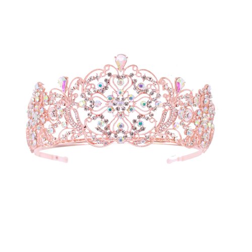 Weddingtopia Crystal Princess Pageant Rose Gold Wedding tiara for bridal Plus Wedding Necklace Set– Rhinestone Bridal Tiara Crown With Side Comb (ROSE GOLD AB)