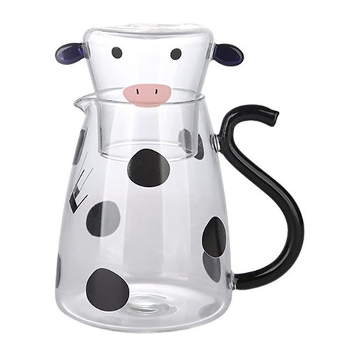 RockTrend Cartoon Cow Clear Glass Bedside Night Water Carafe Set with Tumbler, Pitcher And Cup Ni...