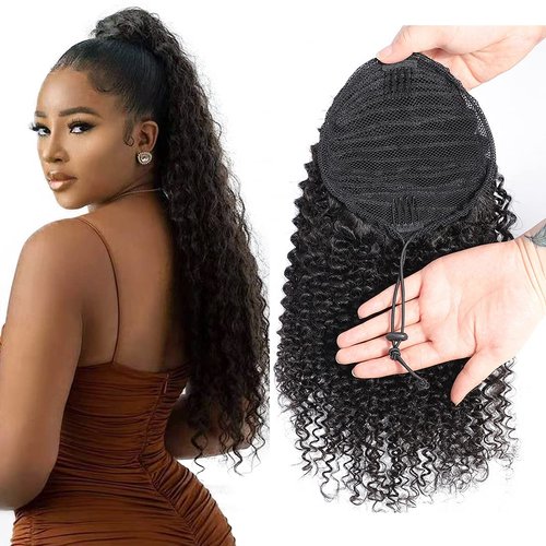 Kinky Curly Ponytail Extensions Human Hair Wrap Drawstring Adjustable Clip In Pony Tail 3C Afro Curl Natural Black (12")
