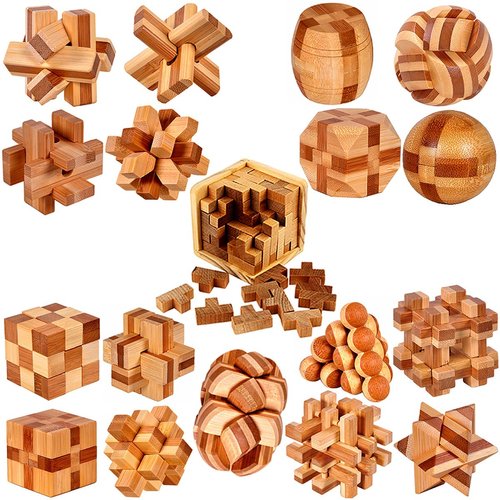 18 Pack Wooden Brain Teaser Puzzles Wooden Burr Puzzles Brain Teaser Puzzle with Gift Packing Box Magic Puzzle Games Toys for Kids and Adults by AHYUAN (Bamboo)