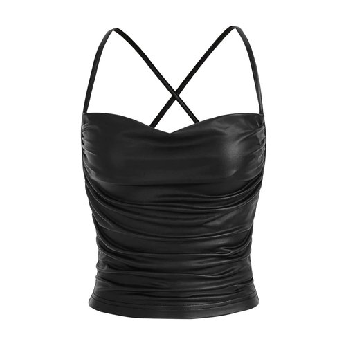 MakeMeChic Women's Faux Leather Top Criss Cross Ruched PU Leather Cami Tank Top Vest Black L