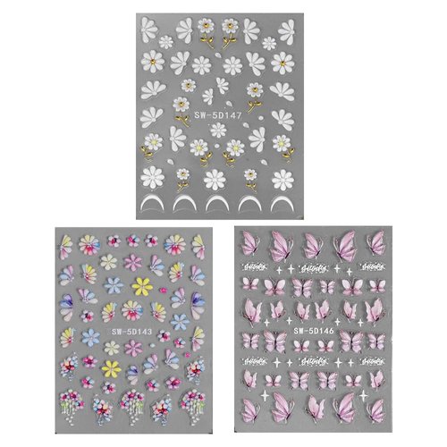 3Sheets 5D Jelly Crystal Flower Nail Stickers for Nail Art,Embossed Relief Nail Design Butterflies Flower Nail Decals Spring Summer Colorful Floral Petals Butterfly Nail Art Stickers Nail Accessories