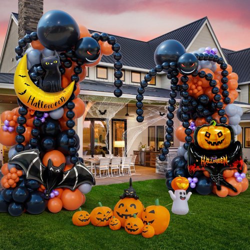 Bonropin 194pcs Halloween Balloon Garland Arch kit with Halloween Foil Balloons Black Orange Gray Purple Balloons Spider Balloons for Halloween Theme Party Supplies Haunted House Parties