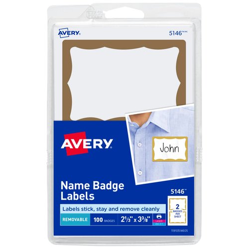 Avery Customizable Name Tags, 2-1/3" x 3-3/8", White with Gold Border, 100 Removable Name Badges (05146)