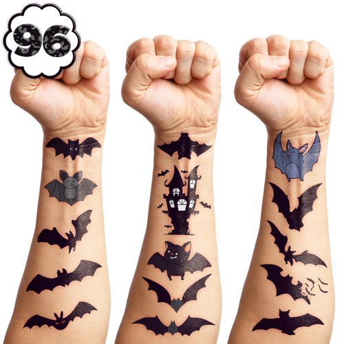 100 PCS Bat Halloween Temporary Tattoos Birthday Party Decorations Supplies Favors Scary Halloween Bats Cute Decor Tattoo Stickers Gifts For Game Boys Girls Classroom School Prizes Reward