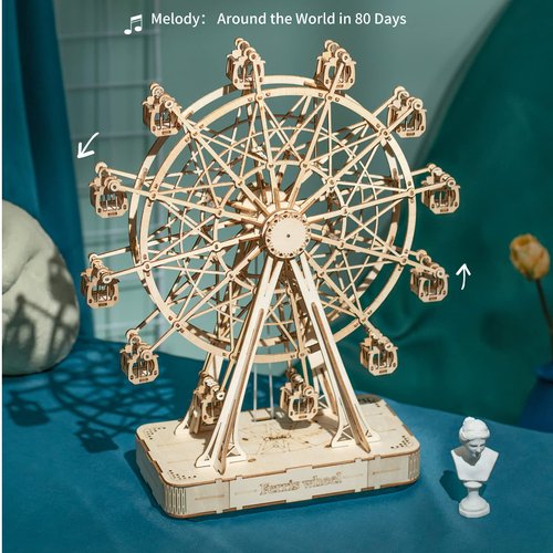 Rolife 3D Wooden Puzzle Hand Crank Music Box Machinarium Toys-DIY Wood Craft Kit-Creative Gift for Boys Girls Adults Kids When Christmas/Birthday (Ferris Wheel Wood Color)