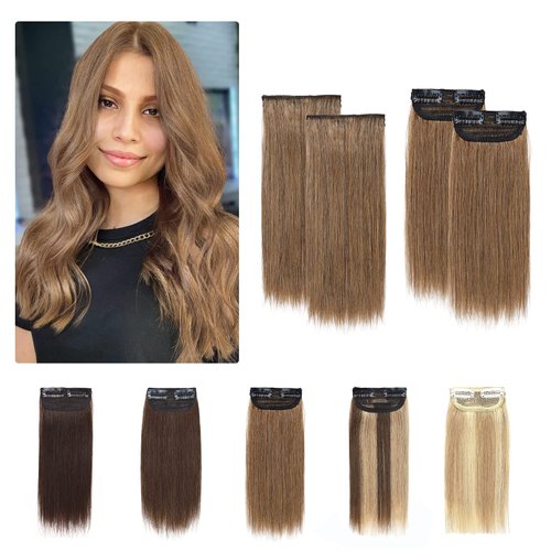 S-noilite Clip in Human Hair 2PCS 8 Inch Short Human Hair Extensions Adding Extra Hair Volume Thick Hairpieces #6 Light Brown Fullness Double Weft Invisible Hairpin 24g