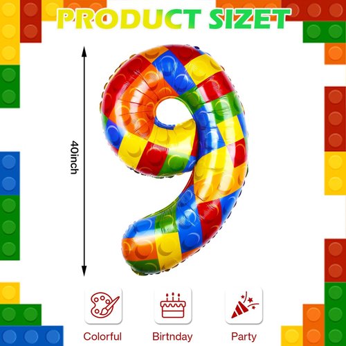 40 Inch Building Block Number Balloon, Number 9 Balloons Colorful Number Block Foil Balloons Big Helium Balloon Numbers for Girls Boys Birthday Brick Theme Party Decorations (Number 9)