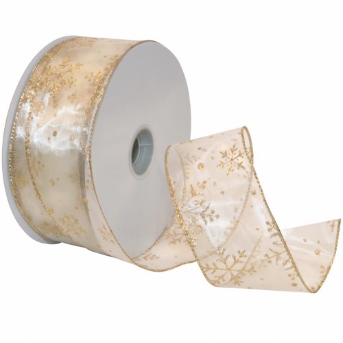 Morex Ribbon 7405.60/50-004 Snowflake 2.5&quot; X 50 YD Nylon Sheer Wired Glitter Ribbon, Ivory/Gold, ...