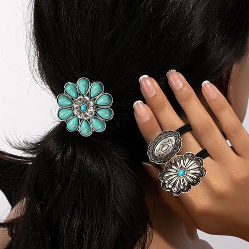 KOVOLITU Squash Blossom Hair Ties Western Turquoise Decorative Ponytail Holder Bohemian Elastics ...
