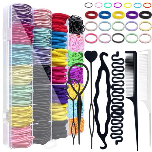 Mini Hair Bands Rubber Bands with Organizer Box, Soft Small Girl Hair Ties, Colorful Baby Rubber Bands Set Hair Tail Tools Rat Tail Comb for Kid Toddlers, Perfect for Braids, Ponytails Hairstyling