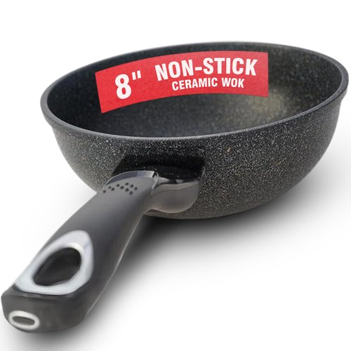 HOME N KITCHENWARE Nonstick Ceramic Wok, Frying Pan - Premium 9-Layered Cookware, Korean Marble-Coated - Easy to Clean Cast Aluminum - Induction Ready for Saute, Stir-Fry, Eggs, Fried Rice 8-Inch
