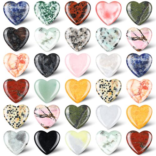 Nuenen 30 Pcs 1.2 Inch Heart Shape Crystals Mother Gifts Gemstone Heart Worry Stones Quartz Love Pocket Palm Worry Stone Bulk for Mother's Day Meditation Stress Relief Energy Balancing(Vintage Style)