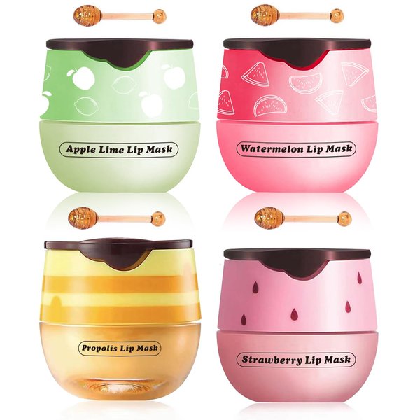 4 Pcs Honey Lip Balm, Strawberry Apple Watermelon Lip Mask, Moisturizing Lip Sleeping Mask, Hydrate Repair Prevent Dry Cracked Lip (Honey+Strawberry+Apple Lime+Watermelon)