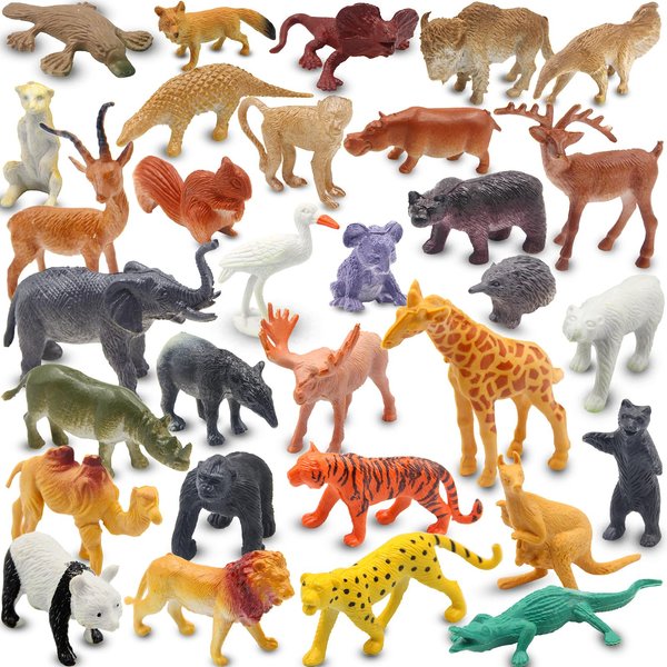 PINOWU Realistic Mini Wild Zoo Animals Figurines Toys 32 Pcs Gift Set for Education and Party Favors, Plastic Forest Safari Animals Lion, Hippo, Tiger, Bear, Elephant, Giraffe etc