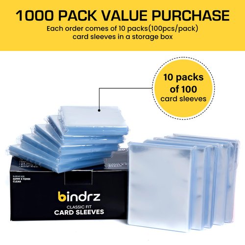 bindrz 1000 Trading Card Sleeves - 45 Micron Thick - 66 x 92mm | High Clarity Classic Penny Sleeves for TCG MTG and Sports Cards (1000 Sleeves)